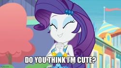 Size: 800x450 | Tagged: safe, edit, edited screencap, imported from derpibooru, screencap, rarity, equestria girls, equestria girls series, rollercoaster of friendship, ^^, bracelet, bronybait, caption, clothes, cute, cutie mark, cutie mark on clothes, daaaaaaaaaaaw, equestria land, eyes closed, female, hairpin, hnnng, image macro, imgflip, jewelry, raribetes, rarity peplum dress, smiling, solo, text