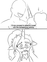 Size: 587x771 | Tagged: safe, artist:jargon scott, imported from ponybooru, oc, oc only, oc:anon, oc:dyx, alicorn, human, alicorn oc, cigarette, comic, dialogue, ears, female, floppy ears, horn, imminent kissing, looking at each other, male, mare, monochrome, older, open mouth, sketch, slit eyes, smiling, solo, squishy cheeks, tongue out, wings
