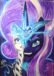 Size: 449x630 | Tagged: safe, artist:shadowingartist, imported from derpibooru, nightmare rarity, rarity, pony, unicorn, crying, evil grin, female, glare, grin, looking at you, looking up, magic, magic aura, mare, scared, smiling, traditional art