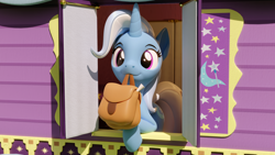 Size: 3840x2160 | Tagged: safe, artist:xppp1n, imported from ponybooru, trixie, pony, unicorn, to where and back again, 3d, bag, blender, blender cycles, female, looking at you, mare, mouth hold, saddle bag, scene interpretation, smiling, solo, to saddlebags and back again, trixie's wagon