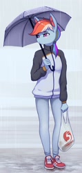 Size: 1435x3026 | Tagged: safe, artist:mrscroup, imported from derpibooru, rainbow dash, anthro, bag, clothes, jeans, pants, rain, shoes, shopping bag, sneakers, solo, umbrella