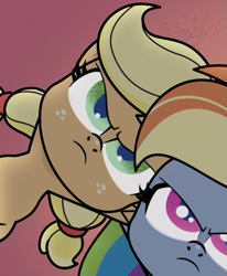 Size: 745x902 | Tagged: safe, imported from derpibooru, screencap, applejack, rainbow dash, earth pony, pegasus, pony, my little pony: pony life, princess probz, spoiler:pony life s01e01, animation error, applejack's hat, cowboy hat, cropped, duo, duo female, female, g4.5, hat, huddle, pony life, ponytail, solo focus