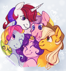 Size: 423x456 | Tagged: safe, artist:pigeorgien, imported from derpibooru, applejack, moondancer (g1), pipp petals, rainbow dash (g3), sundance, sundance (g2), sunsparkle, earth pony, pegasus, pony, unicorn, applejack's hat, cowboy hat, cute, female, floating heart, g1, g2, g3, g4, g5, group, hat, heart, mare, smiling