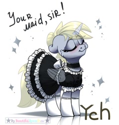 Size: 700x733 | Tagged: safe, artist:beautifulspaceshow, imported from derpibooru, derpy hooves, alicorn, pegasus, pony, alicornified, blushing, choker, clothes, commission, cute, derpabetes, derpicorn, dress, eyes closed, female, gloves, maid, mare, race swap, simple background, skirt, socks, stockings, thigh highs, white background, ych example, your character here