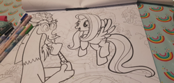 Size: 720x345 | Tagged: safe, imported from derpibooru, discord, fluttershy, draconequus, pegasus, pony, coloring, coloring book, coloring page, female, irl, male, mare, photo, rainbow