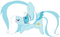 Size: 639x396 | Tagged: safe, artist:dramaostrich, imported from derpibooru, oc, oc only, oc:angle, pegasus, pony, blue eyes, blushing, chibi, female, one eye closed, simple background, solo, two toned mane, white background, wink