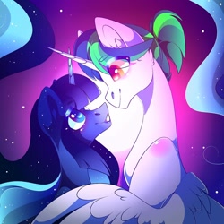 Size: 1080x1078 | Tagged: safe, artist:tessa_key_, imported from derpibooru, princess celestia, princess luna, alicorn, pony, bust, crossed horns, duo, eyelashes, female, horn, horns are touching, mare, royal sisters, siblings, signature, sisters, smiling, wings