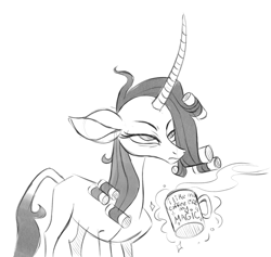 Size: 1734x1647 | Tagged: safe, artist:mane6, imported from derpibooru, oleander, pony, unicorn, them's fightin' herds, coffee, community related, female, hair curlers, image in description, magic, mare, monochrome, oleander (tfh), simple background, telekinesis, white background