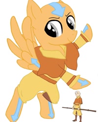 Size: 1080x1350 | Tagged: safe, artist:ponyrefaa, imported from derpibooru, human, pegasus, pony, aang, avatar the last airbender, bald, bipedal, clothes, crossover, duo, male, ponified, simple background, smiling, staff, stallion, tattoo, white background, wings