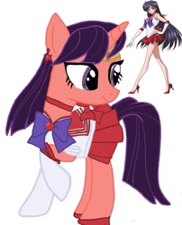 Size: 1080x1339 | Tagged: safe, artist:ponyrefaa, imported from derpibooru, burning heart, human, pony, unicorn, clothes, crossover, duo, eyelashes, female, gloves, high heels, long gloves, looking back, mare, ponified, raye hino, sailor mars, sailor moon, shoes, simple background, skirt, smiling, white background