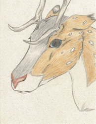 Size: 1737x2238 | Tagged: safe, artist:cindertale, imported from derpibooru, oc, oc only, oc:tyandaga, deer, reindeer, antlers, bust, freckles, male, red bose, solo, style emulation, traditional art