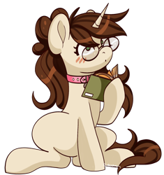 Size: 1382x1473 | Tagged: safe, artist:beashay, imported from derpibooru, oc, oc only, oc:brittney, pony, unicorn, blushing, book, collar, glasses, long hair, ponysona, reading, sitting, solo