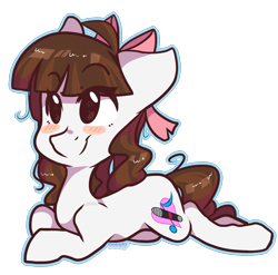 Size: 2255x2224 | Tagged: safe, artist:cookietasticx3, imported from derpibooru, oc, oc only, earth pony, pony, blush sticker, blushing, bow, earth pony oc, hair bow, high res, lying down, prone, simple background, smiling, solo, transparent background