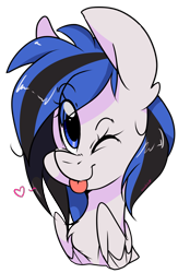 Size: 2495x3824 | Tagged: safe, artist:cookietasticx3, imported from derpibooru, oc, oc only, oc:kezzie, pegasus, pony, :p, bust, ear fluff, heart, high res, one eye closed, pegasus oc, simple background, solo, tongue out, transparent background, wings, wink