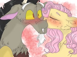 Size: 1080x809 | Tagged: safe, artist:cocolove2176, imported from derpibooru, discord, fluttershy, draconequus, pegasus, pony, abstract background, blushing, bust, chest fluff, colored hooves, discoshy, eyes closed, female, kissing, male, mare, shipping, straight, wide eyes