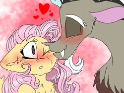 Size: 1080x808 | Tagged: safe, artist:cocolove2176, imported from derpibooru, discord, fluttershy, draconequus, pegasus, pony, abstract background, blushing, bust, chest fluff, discoshy, eyes closed, female, heart, kissing, male, mare, one eye closed, shipping, straight, wide eyes, wink