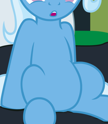 Size: 1377x1576 | Tagged: safe, artist:badumsquish, artist:badumsquish-edits, edit, imported from derpibooru, trixie, pony, unicorn, bed, belly, chubby, cropped, featureless crotch, open mouth, pictures of bellies, sitting, solo