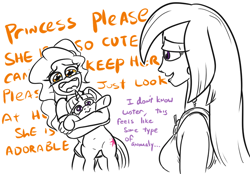 Size: 750x522 | Tagged: safe, artist:jargon scott, imported from derpibooru, luster dawn, twilight sparkle, human, pony, unicorn, belly button, cute, dialogue, female, filly, filly twilight sparkle, holding a pony, hug, human ponidox, humanized, lusterbetes, monochrome, neo noir, older, older twilight, omega twilight, partial color, self ponidox, time paradox, twiabetes, unicorn twilight, younger