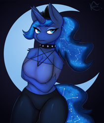 Size: 2700x3200 | Tagged: safe, artist:kooriki, imported from derpibooru, princess luna, alicorn, anthro, pony, bedroom eyes, breasts, busty princess luna, clothes, collar, cosplay, costume, crown, digital art, female, high res, horn, jewelry, loona (helluva boss), mare, nameplay, pants, regalia, shirt, solo, solo female, spiked collar, tail, thighs, wide hips