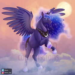 Size: 900x889 | Tagged: safe, artist:tiakaneko, imported from derpibooru, princess luna, alicorn, pony, cloud, collar, commission, crown, digital art, female, flying, hoers, hooves, horn, jewelry, looking at you, mare, moon, night, obtrusive watermark, regalia, solo, spread wings, tail, watermark, wings