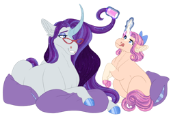 Size: 1280x885 | Tagged: safe, artist:felinenostalgic, imported from derpibooru, rarity, oc, oc:vintage amethyst, pony, unicorn, bow, duo, ear fluff, female, filly, glasses, hair bow, hair curlers, hair styling, hoof polish, licking, licking lips, lying down, magic, mare, mother and child, mother and daughter, offspring, parent:rarity, parent:sunburst, parents:rariburst, pillow, prone, sitting, telekinesis, tongue out