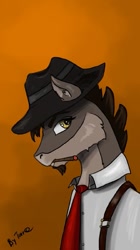 Size: 603x1080 | Tagged: safe, artist:terr@koterr@, imported from derpibooru, oc, earth pony, beard, cigarette, clothes, facial hair, fedora, hat, looking at you, necktie, shirt, simple background, smoking, suspenders
