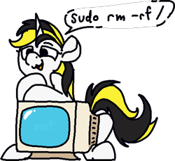 Size: 960x878 | Tagged: safe, artist:skookz, imported from derpibooru, oc, oc only, pony, unicorn, :3, crt monitor, female, leaning, leaning forward, linux, mare, monitor, open mouth, simple background, sitting, smug, solo, speech bubble, text, transparent background