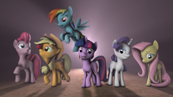 Size: 1920x1080 | Tagged: safe, artist:litterpaws, imported from derpibooru, applejack, fluttershy, pinkie pie, rainbow dash, rarity, twilight sparkle, earth pony, pegasus, pony, unicorn, 3d, apple, balancing, female, food, group shot, looking at you, mane six, ponies balancing stuff on their nose, smiling, source filmmaker, unicorn twilight