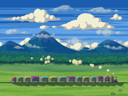 Size: 800x600 | Tagged: safe, artist:rangelost, imported from derpibooru, cyoa:d20 pony, cloud, mountain, no pony, pixel art, scenery, sky, train