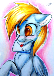 Size: 576x807 | Tagged: safe, artist:megabait, imported from derpibooru, derpy hooves, pony, delivery, female, mail, traditional art