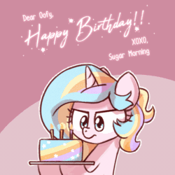 Size: 1000x1000 | Tagged: safe, artist:sugar morning, imported from derpibooru, oc, oc only, oc:oofy colorful, pony, unicorn, :d, animated, birthday, blowing, bust, cake, candle, confused, cute, eyes closed, floppy ears, food, frown, gif, happy, happy birthday, ocbetes, open mouth, raised eyebrow, smiling, solo, text, trick candles