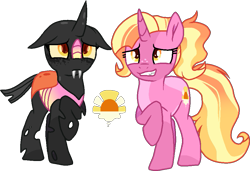 Size: 975x666 | Tagged: safe, artist:rickysocks, imported from derpibooru, luster dawn, changeling, pony, unicorn, disguise, disguised changeling, duo, pink changeling, raised hoof, simple background, solo, transparent background
