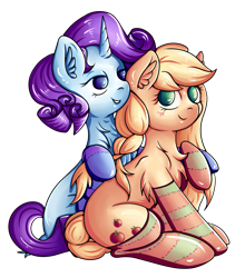 Size: 2824x3216 | Tagged: safe, artist:coco-drillo, imported from derpibooru, applejack, rarity, earth pony, pony, unicorn, alternate hairstyle, bedroom eyes, blushing, braid, braided pigtails, braided tail, braiding, chest fluff, clothes, commission, ear fluff, female, high res, holding hooves, lesbian, raised hoof, rarijack, shipping, simple background, sitting, smiling, socks, stockings, striped socks, thigh highs, transparent background