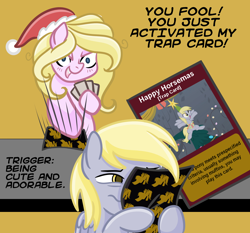Size: 1800x1680 | Tagged: safe, artist:redpalette, edit, imported from derpibooru, screencap, derpy hooves, oc, oc:chuckles, earth pony, pegasus, pony, /mlp/, /ss/, card, christmas, dialogue, hat, holiday, santa hat, slam, squint, table, trap card
