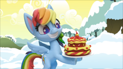 Size: 1920x1080 | Tagged: safe, imported from derpibooru, screencap, rainbow dash, pony, ice and slice, my little pony: stop motion short, cake, food, solo, stop motion