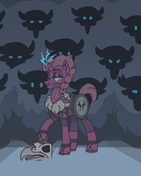 Size: 4000x5000 | Tagged: safe, artist:pidffee, imported from derpibooru, tempest shadow, storm creature, unicorn, alternate design, armor, blind eye, boots, braid, clothes, dark, eye scar, female, glowing horn, headcanon, horn, mare, redesign, scar, shoes, short mane, short tail, simple background, simple shading, skull, snow, sparks, unamused, viking