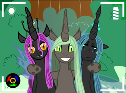 Size: 2521x1864 | Tagged: safe, artist:kyoshyu, imported from derpibooru, queen chrysalis, oc, oc:ember (bladespark), oc:nymphea, changeling, green changeling, hug, queen chrysalis is not amused, unamused