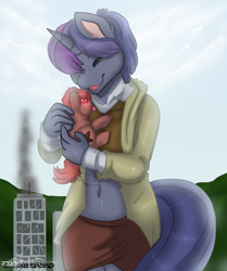 Size: 1152x1381 | Tagged: safe, artist:ghostiebash8, imported from derpibooru, oc, oc only, oc:giun uni, oc:mocha sprinkles, anthro, pony, unguligrade anthro, unicorn, city, clothes, commission, female, giant pony, giantess, hug, macro, open mouth