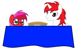 Size: 5141x3322 | Tagged: safe, artist:ngthanhphong, imported from derpibooru, oc, oc only, oc:atlas, oc:ruby star, earth pony, unicorn, apple, apple pie, food, glasses, pie, table