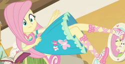 Size: 3736x1920 | Tagged: safe, imported from derpibooru, screencap, angel bunny, fluttershy, do it for the ponygram!, equestria girls, equestria girls series, spoiler:eqg series (season 2), book, clothes, cute, cutie mark, cutie mark on clothes, female, fluttershy's bedroom, geode of fauna, jewelry, magical geodes, male, necklace, sandals, shyabetes, solo focus
