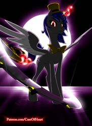 Size: 931x1280 | Tagged: safe, artist:drake, imported from derpibooru, oc, oc:shadow artemis, alicorn, pony, bowtie, darkness, hat, magic, magic aura, male, patreon, patreon link, scythe, top hat, url