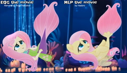 Size: 4000x2300 | Tagged: safe, artist:aryatheeditor, imported from derpibooru, screencap, fluttershy, mermaid, pegasus, pony, seapony (g4), equestria girls, my little pony: the movie, clothes, comparison, cute, digital art, dorsal fin, element of kindness, equestria girls interpretation, excited, female, fin, fin wings, fins, fish tail, flowing mane, flowing tail, geode of fauna, high res, human and pony, magical geodes, mare, mermaidized, movie, movie accurate, movie reference, ocean, open mouth, outfit, scene interpretation, screencap reference, seaponified, seapony fluttershy, seaquestria, shyabetes, species swap, tail, underwater, water, wings