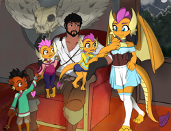 Size: 3026x2322 | Tagged: safe, artist:stardust-pony, imported from derpibooru, smolder, oc, dragon, human, dragoness, family photo, female, happy ending, high res, human oc, hybrid oc, interspecies, interspecies offspring, it ended in pregnancy, male, monster hunter, motherhood, offspring, older, older smolder, smoldmom, this ended in pregnancy