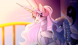 Size: 6000x3500 | Tagged: safe, artist:littlepudel, imported from derpibooru, princess celestia, princess luna, alicorn, pony, alternate design, balcony, braid, freckles, smiling, sunrise