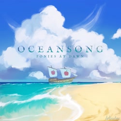 Size: 1500x1500 | Tagged: safe, artist:anticular, imported from derpibooru, album cover, apple, beach, cloud, food, no pony, ocean, ponies at dawn, sand, ship, signature, sky