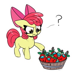 Size: 1400x1400 | Tagged: safe, artist:skoon, imported from derpibooru, apple bloom, earth pony, pony, among us, apple, female, filly, food, question mark, simple background, solo, sus (among us), suspicious, white background