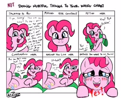 Size: 2527x2048 | Tagged: safe, artist:datzigga, imported from derpibooru, pinkie pie, oc, oc:anon, earth pony, human, pony, breaking the fourth wall, bridal carry, carrying, cheek pinch, crying, cute, dialogue, diapinkes, doing loving things, fourth wall, high res, human on pony petting, looking at you, meme, not doing hurtful things to your waifu, one eye closed, out of frame, petting, tears of joy, text