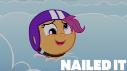 Size: 1920x1080 | Tagged: safe, edit, edited screencap, editor:quoterific, imported from derpibooru, screencap, scootaloo, pony, parental glideance, season 7, derp, female, filly, helmet, nailed it, quote, solo