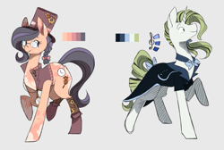 Size: 1241x836 | Tagged: safe, artist:mewzynn, imported from derpibooru, oc, oc only, earth pony, pony, unicorn, clothes, female, hat, male, mare, stallion, steampunk