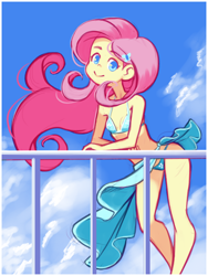 Size: 1220x1620 | Tagged: safe, artist:drantyno, imported from derpibooru, fluttershy, equestria girls, adorasexy, bikini, breasts, clothes, cute, fence, sexy, shyabetes, skirt, sky, solo, swimsuit